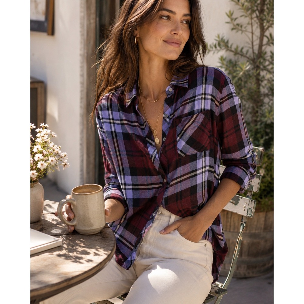 Rails Hunter Plaid Button Down Shirt Womens XS Mulberry‎ Plum Soft Rayon Top
